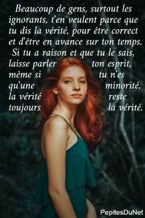   Beaucoup de gens, surtout les  ignorants, t'en veulent parce que  tu dis la v&eacute;rit&eacute;, pour &ecirc;tre correct  et d'&ecirc;tre en avance sur ton temps.   Si tu a raison et que tu le sais,  laisse parler           ton esprit,  m&ecirc;me si                  tu n'es  qu'une                      minorit&eacute;,  la v&eacute;rit&eacute;                     reste  toujours                     la v&eacute;rit&eacute;.