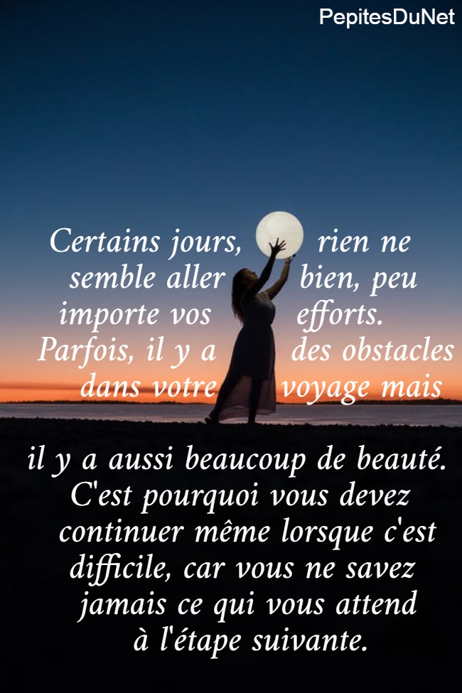    Certains jours,       rien ne       semble aller       bien, peu      importe vos        efforts.    Parfois, il y a       des obstacles        dans votre      voyage mais    il y a aussi beaucoup de beauté.       C'est pourquoi vous devez      continuer même lorsque c'est       difficile, car vous ne savez        jamais ce qui vous attend             à l'étape suivante.