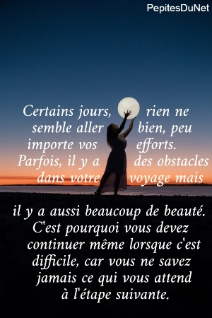    Certains jours,       rien ne       semble aller       bien, peu      importe vos        efforts.    Parfois, il y a       des obstacles        dans votre      voyage mais    il y a aussi beaucoup de beaut&eacute;.       C'est pourquoi vous devez      continuer m&ecirc;me lorsque c'est       difficile, car vous ne savez        jamais ce qui vous attend             &agrave; l'&eacute;tape suivante.