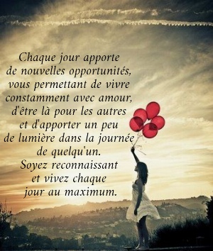 Chaque jour apporte  de nouvelles opportunit&eacute;s,  vous permettant de vivre  constamment avec amour,  d'&ecirc;tre l&agrave; pour les autres  et d'apporter un peu  de lumi&egrave;re dans la journ&eacute;e  de quelqu'un.  Soyez reconnaissant  et vivez chaque  jour au maximum. 