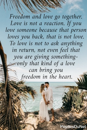 Freedom and love go together.  Love is not a reaction. If you  love someone because that person  loves you back, that is not love.  To love is not to ask anything  in return, not even feel that  you are giving something-  only that kind of a love  can bring you  freedom in the heart. 