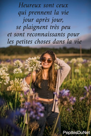 Heureux sont ceux  qui prennent la vie  jour apr&egrave;s jour,  se plaignent tr&egrave;s peu  et sont reconnaissants pour  les petites choses dans la vie