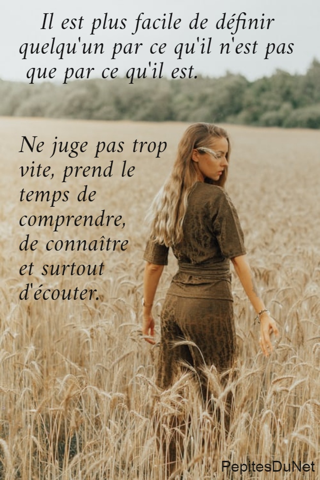    Il est plus facile de définir  quelqu'un par ce qu'il n'est pas   que par ce qu'il est.    Ne juge pas trop           vite, prend le  temps de  comprendre,  de connaître  et surtout                    d'écouter.