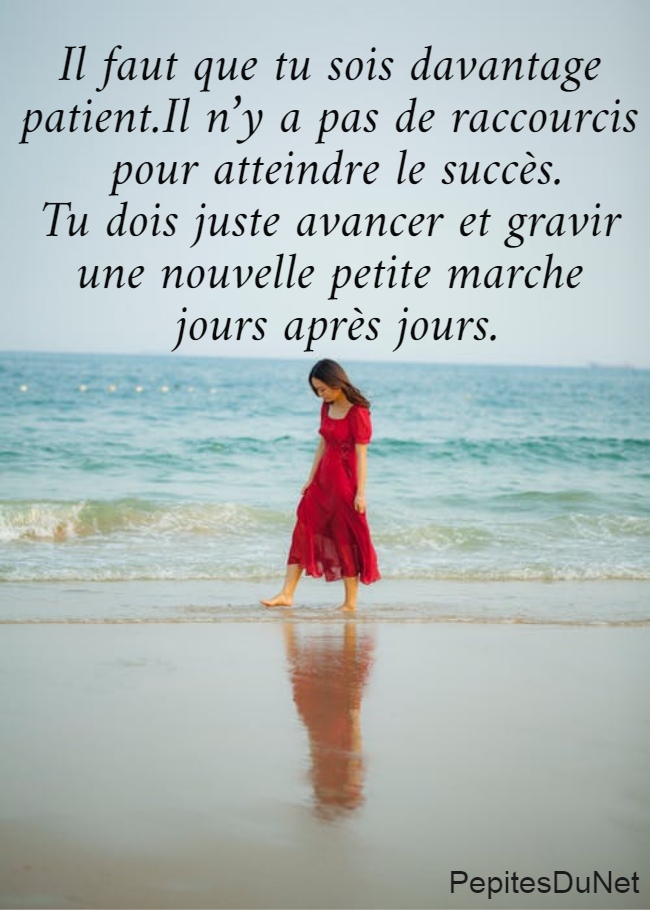 Il faut que tu sois davantage  patient.Il n’y a pas de raccourcis  pour atteindre le succès. Tu dois juste avancer et gravir  une nouvelle petite marche  jours après jours.