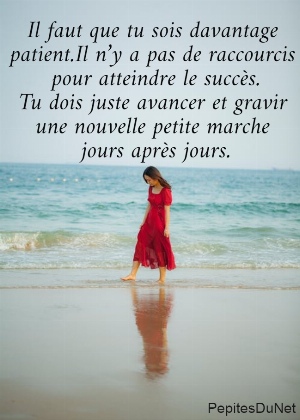 Il faut que tu sois davantage  patient.Il n&rsquo;y a pas de raccourcis  pour atteindre le succ&egrave;s. Tu dois juste avancer et gravir  une nouvelle petite marche  jours apr&egrave;s jours.