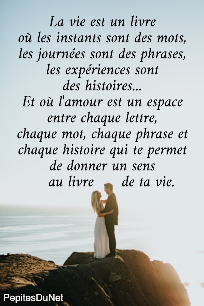 La vie est un livre  où les instants sont des mots,  les journées sont des phrases,  les expériences sont  des histoires...  Et où l'amour est un espace  entre chaque lettre,  chaque mot, chaque phrase et  chaque histoire qui te permet  de donner un sens     au livre      de ta vie.