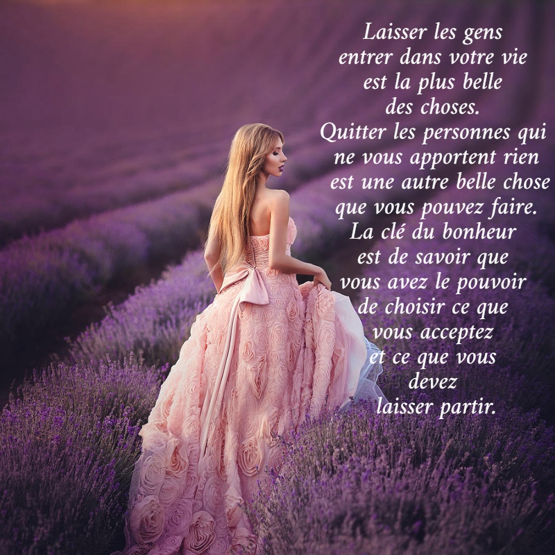 Laisser les gens  entrer dans votre vie  est la plus belle  des choses.  Quitter les personnes qui  ne vous apportent rien  est une autre belle chose  que vous pouvez faire.  La clé du bonheur  est de savoir que  vous avez le pouvoir  de choisir ce que  vous acceptez  et ce que vous  devez  laisser partir. 