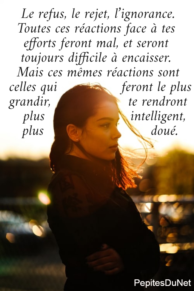    Le refus, le rejet, l’ignorance.    Toutes ces réactions face à tes    efforts feront mal, et seront   toujours difficile à encaisser.    Mais ces mêmes réactions sont      celles qui               feront le plus     grandir,                  te rendront        plus                    intelligent,     plus                         doué.