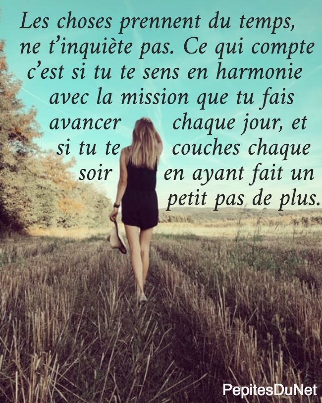 Les choses prennent du temps,  ne t’inquiète pas. Ce qui compte   c’est si tu te sens en harmonie      avec la mission que tu fais      avancer       chaque jour, et       si tu te       couches chaque          soir       en ayant fait un                      petit pas de plus.