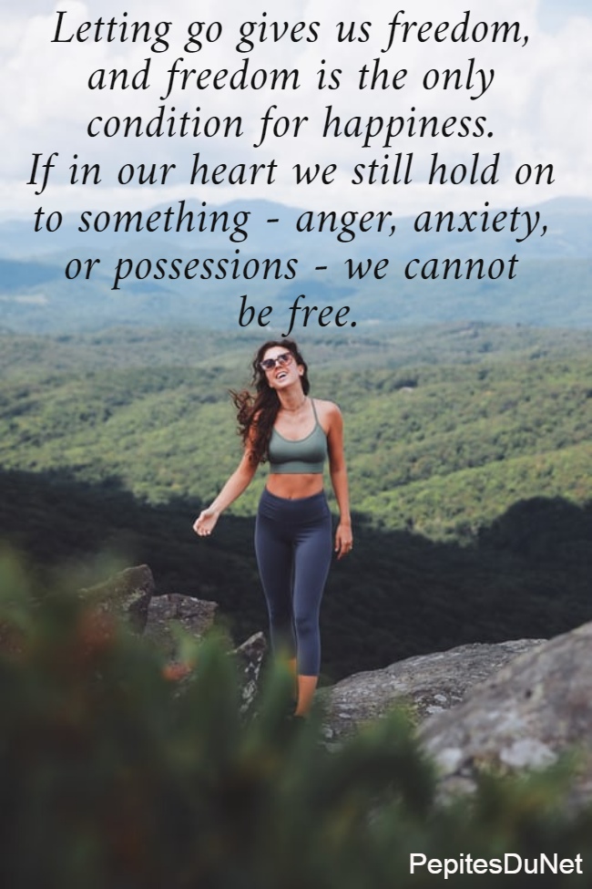 Letting go gives us freedom,  and freedom is the only  condition for happiness.  If in our heart we still hold on  to something - anger, anxiety,  or possessions - we cannot  be free.