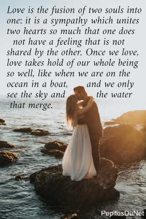 Love is the fusion of two souls into  one: it is a sympathy which unites  two hearts so much that one does    not have a feeling that is not  shared by the other. Once we love,  love takes hold of our whole being  so well, like when we are on the  ocean in a boat,      and we only  see the sky and          the water   that merge.