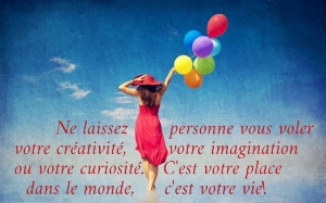        Ne laissez       personne vous voler  votre cr&eacute;ativit&eacute;,       votre imagination  ou votre curiosit&eacute;.   C'est votre place    dans le monde,     c'est votre vie!