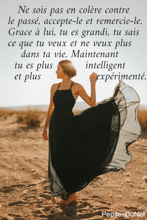    Ne sois pas en col&egrave;re contre  le pass&eacute;, accepte-le et remercie-le. Grace &agrave; lui, tu es grandi, tu sais  ce que tu veux et ne veux plus      dans ta vie. Maintenant    tu es plus          intelligent    et plus                 exp&eacute;riment&eacute;.
