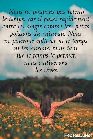 Nous ne pouvons pas retenir le temps, car il passe rapidement  entre les doigts comme les  petits  poissons du ruisseau. Nous  ne pouvons cultiver ni le temps  ni les saisons, mais tant  que le temps le permet,  nous cultiverons  les r&ecirc;ves.