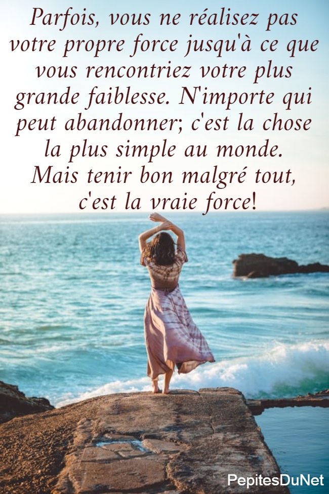 Parfois, vous ne réalisez pas  votre propre force jusqu'à ce que  vous rencontriez votre plus  grande faiblesse. N'importe qui  peut abandonner; c'est la chose  la plus simple au monde.  Mais tenir bon malgré tout,  c'est la vraie force!