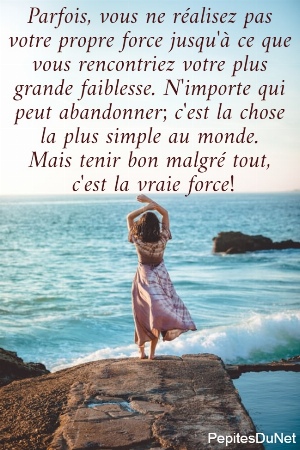 Parfois, vous ne r&eacute;alisez pas  votre propre force jusqu'&agrave; ce que  vous rencontriez votre plus  grande faiblesse. N'importe qui  peut abandonner; c'est la chose  la plus simple au monde.  Mais tenir bon malgr&eacute; tout,  c'est la vraie force!