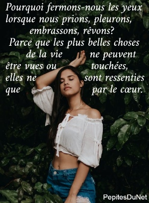 Pourquoi fermons-nous les yeux  lorsque nous prions, pleurons,         embrassons, r&ecirc;vons?   Parce que les plus belles choses        de la vie        ne peuvent  &ecirc;tre vues ou          touch&eacute;es, elles ne              sont ressenties  que                     par le c&oelig;ur.