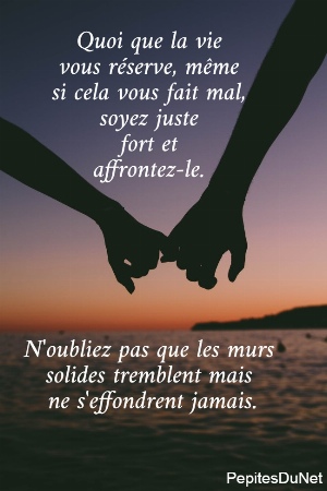Quoi que la vie  vous r&eacute;serve, m&ecirc;me  si cela vous fait mal,  soyez juste  fort et  affrontez-le.        N'oubliez pas que les murs  solides tremblent mais  ne s'effondrent jamais.