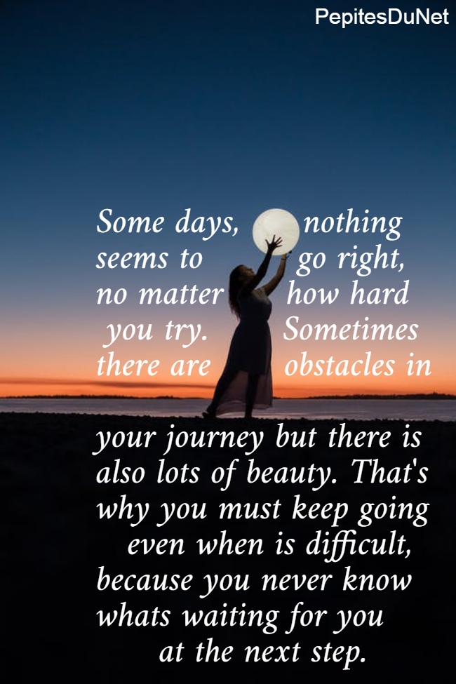 Some days,      nothing  seems to         go right,  no matter      how hard   you try.       Sometimes  there are       obstacles in   your journey but there is  also lots of beauty. That's why you must keep going     even when is difficult,  because you never know  whats waiting for you        at the next step. 