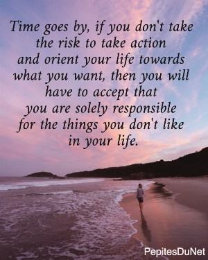 Time goes by, if you don't take  the risk to take action  and orient your life towards  what you want, then you will  have to accept that  you are solely responsible  for the things you don't like  in your life.