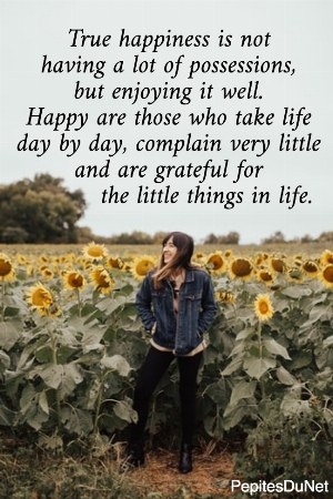 True happiness is not  having a lot of possessions,  but enjoying it well.  Happy are those who take life  day by day, complain very little  and are grateful for           the little things in life.