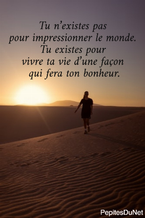 Tu n&rsquo;existes pas  pour impressionner le monde.  Tu existes pour  vivre ta vie d&rsquo;une fa&ccedil;on  qui fera ton bonheur.