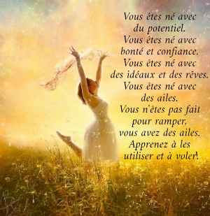 Vous &ecirc;tes n&eacute; avec  du potentiel.  Vous &ecirc;tes n&eacute; avec  bont&eacute; et confiance.  Vous &ecirc;tes n&eacute; avec  des id&eacute;aux et des r&ecirc;ves.  Vous &ecirc;tes n&eacute; avec  des ailes.  Vous n'&ecirc;tes pas fait  pour ramper,  vous avez des ailes.  Apprenez &agrave; les  utiliser et &agrave; voler!