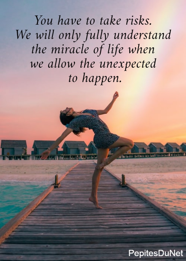 You have to take risks.  We will only fully understand  the miracle of life when  we allow the unexpected  to happen.